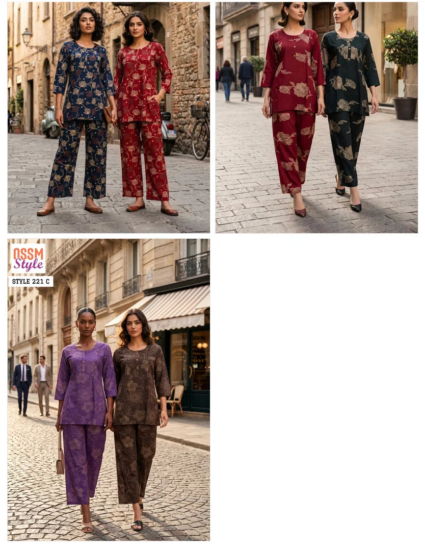 Ossm Style 221 A To C Rayon Discharge Printed Co Ord Set Collection