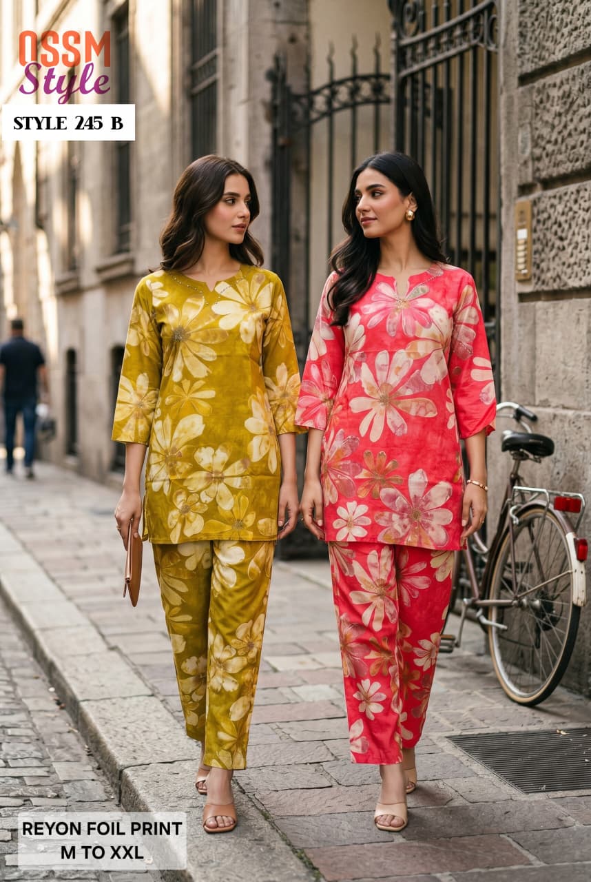 Ossm Style 245 A To C Rayon Foil Printed Co Ord Set Collection