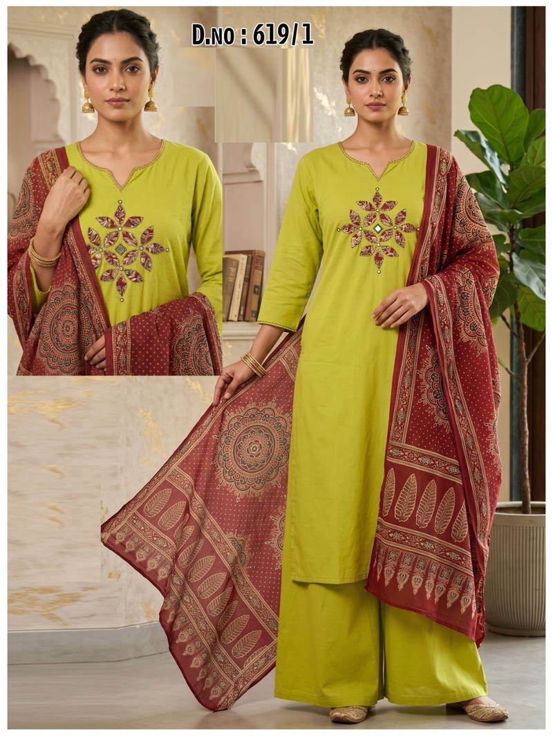 Ossm Style 619 Dhabu Cotton Patch Worked Kurti With Bottom Dupatta