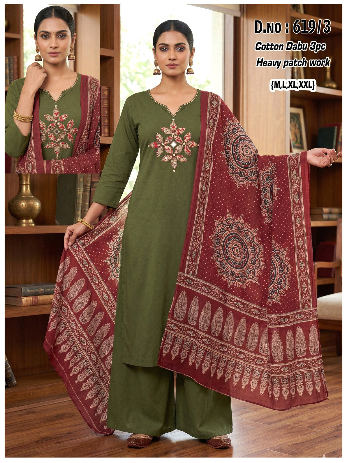 Ossm Style 619 Dhabu Cotton Patch Worked Kurti With Bottom Dupatta