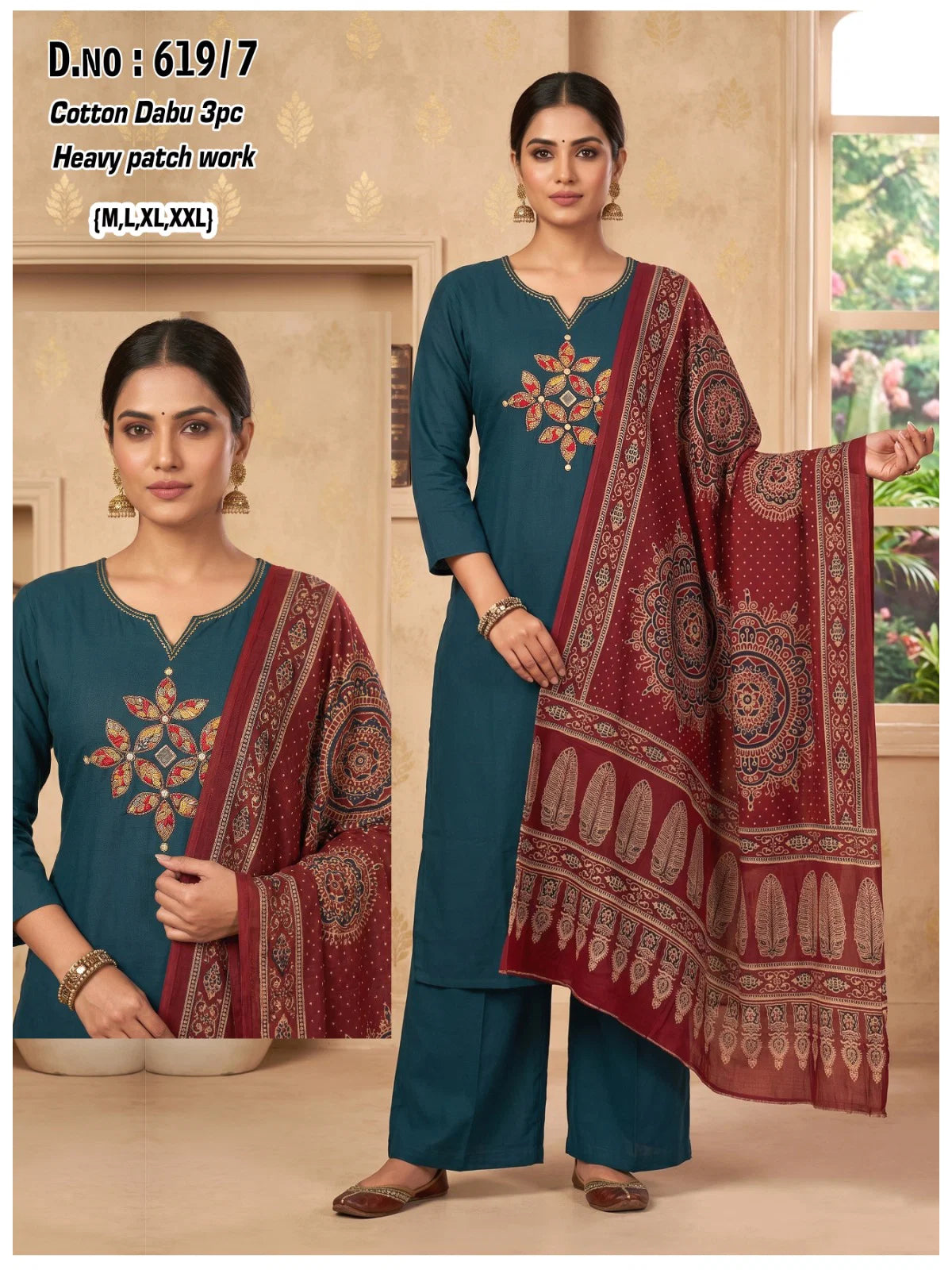 Ossm Style 619 Dhabu Cotton Patch Worked Kurti With Bottom Dupatta