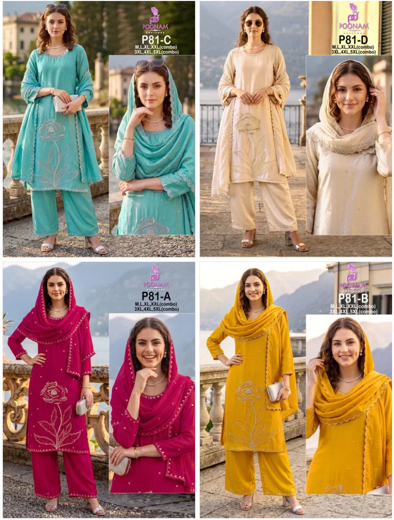 Poonam P 81 A To D Crush Silk WIth Beads Work Kurti With Bottom Dupatta