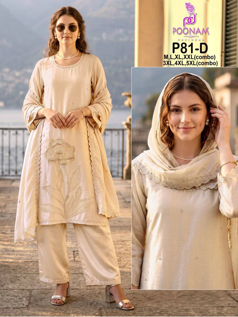 Poonam P 81 A To D Crush Silk WIth Beads Work Kurti With Bottom Dupatta