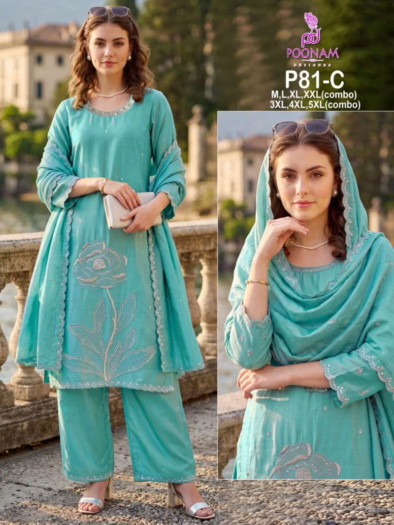 Poonam P 81 A To D Crush Silk WIth Beads Work Kurti With Bottom Dupatta