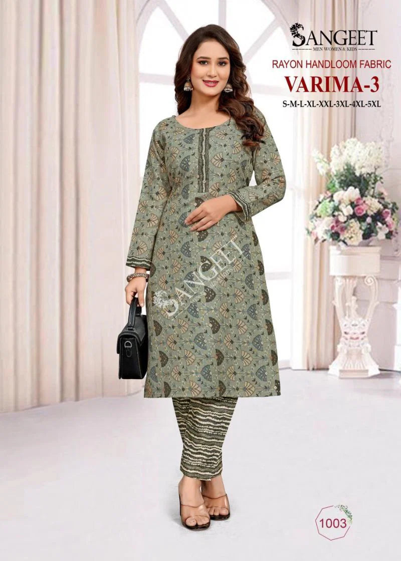 Sangeet Varima Vol 3 Rayon Handloom Kurti With Bottom Collection