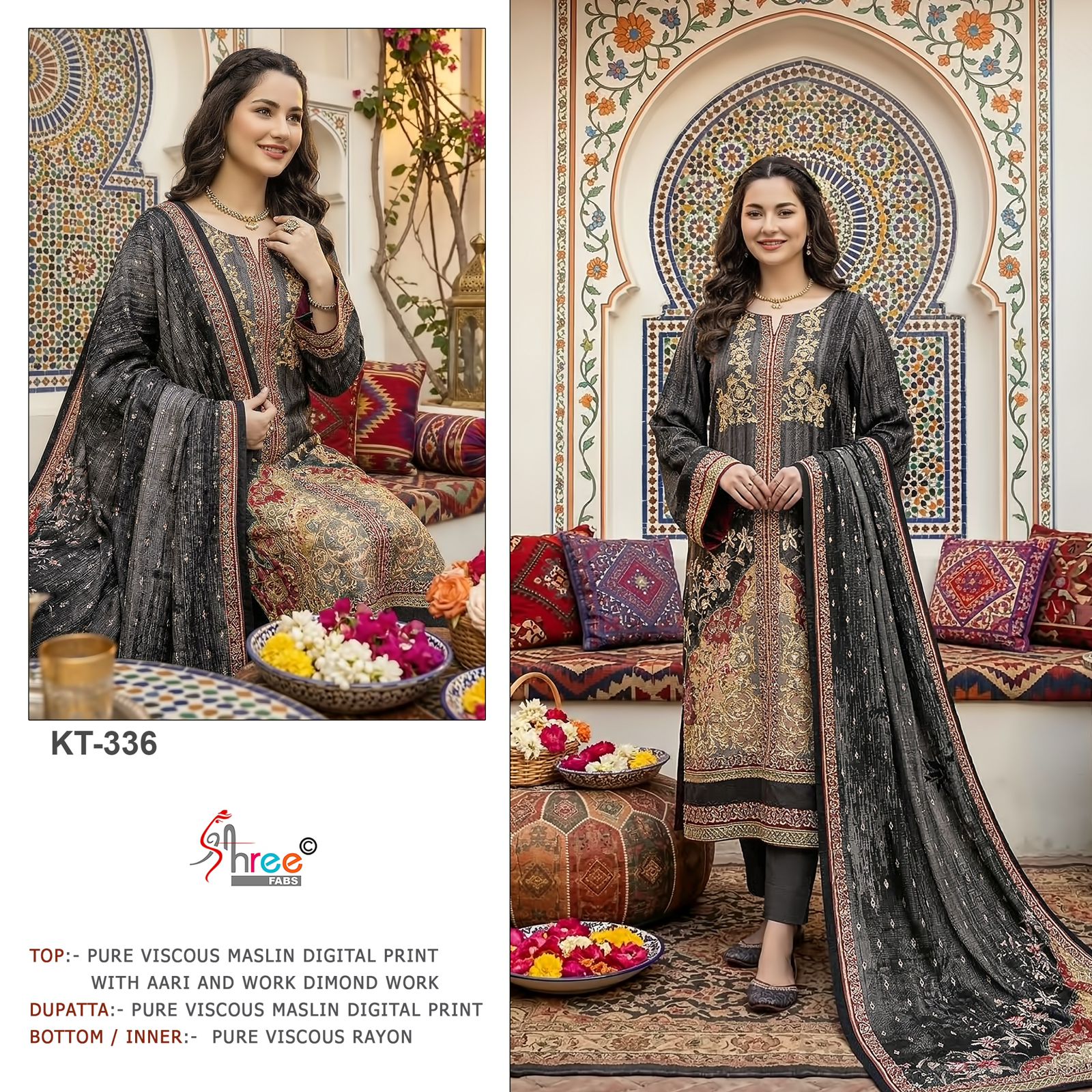 Shree Kt 336 Viscose Maslin Digital Printed With Worked Salwar Kameez