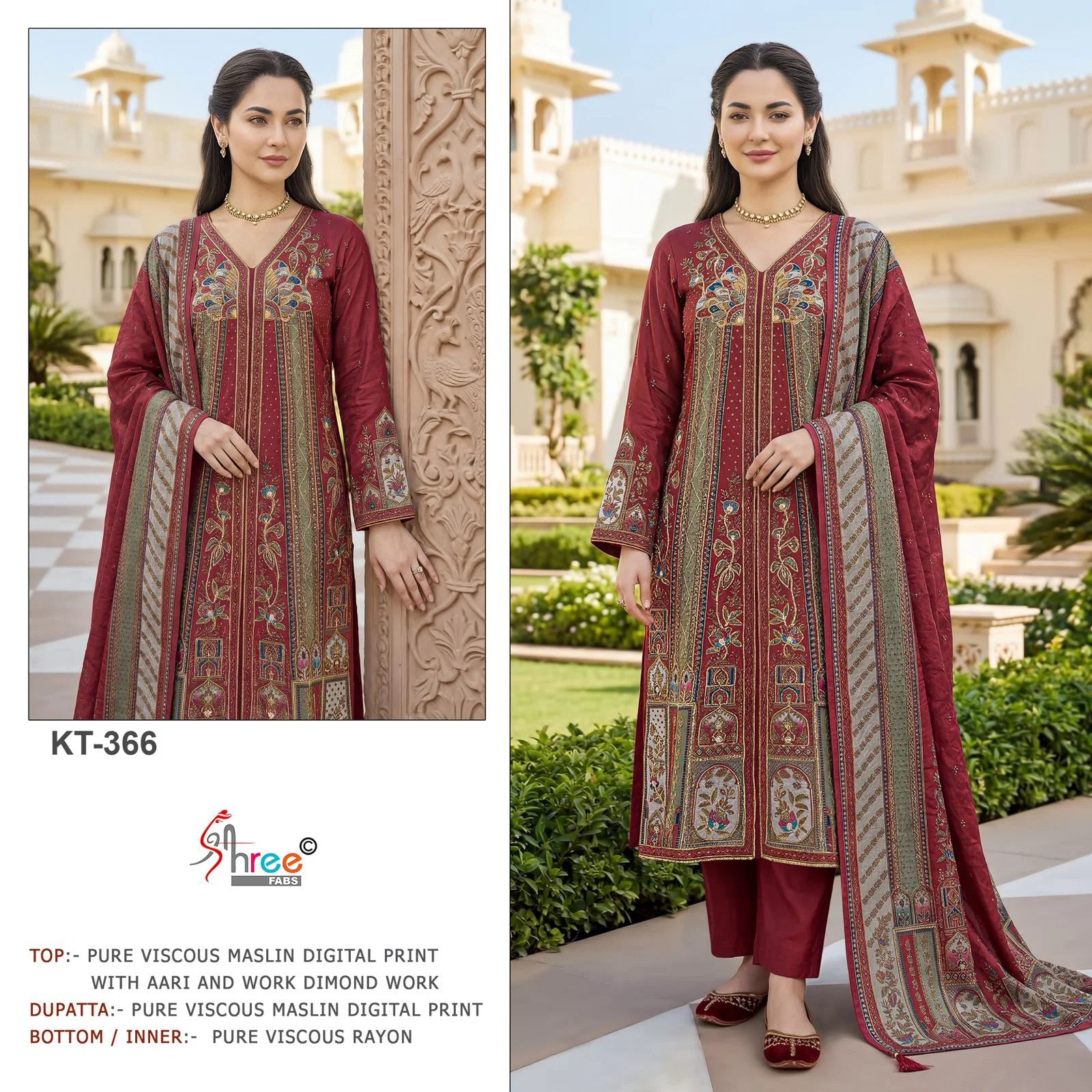 Shree Kt 366 Viscose Muslin Hand Worked Salwar Kameez