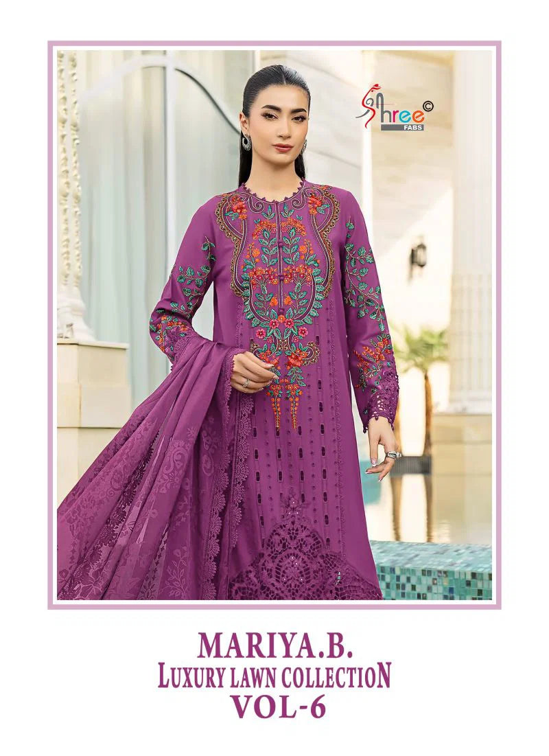 Shree Mariya B Luxury Lawn Collection Vol 6 Chiffon Dupatta Cotton Embroidered Salwar Kameez