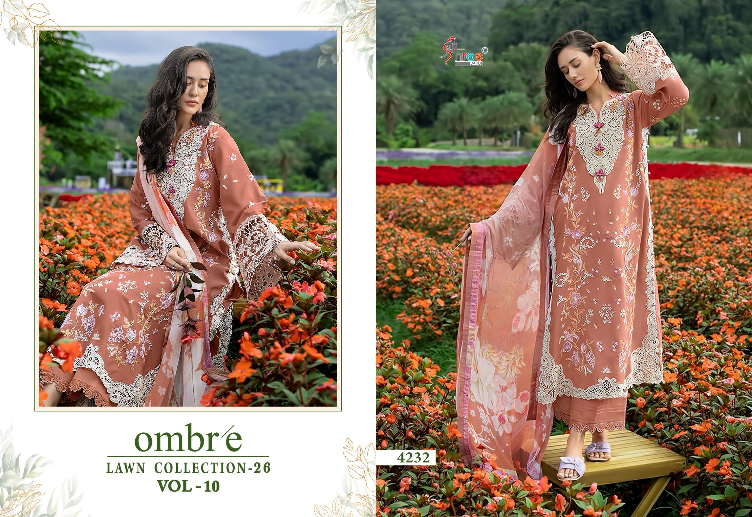 Shree Ombre Lawn Collection 26 Vol 10 Chiffon Dupatta Cotton Embroidered Pakistani Salwar Kameez