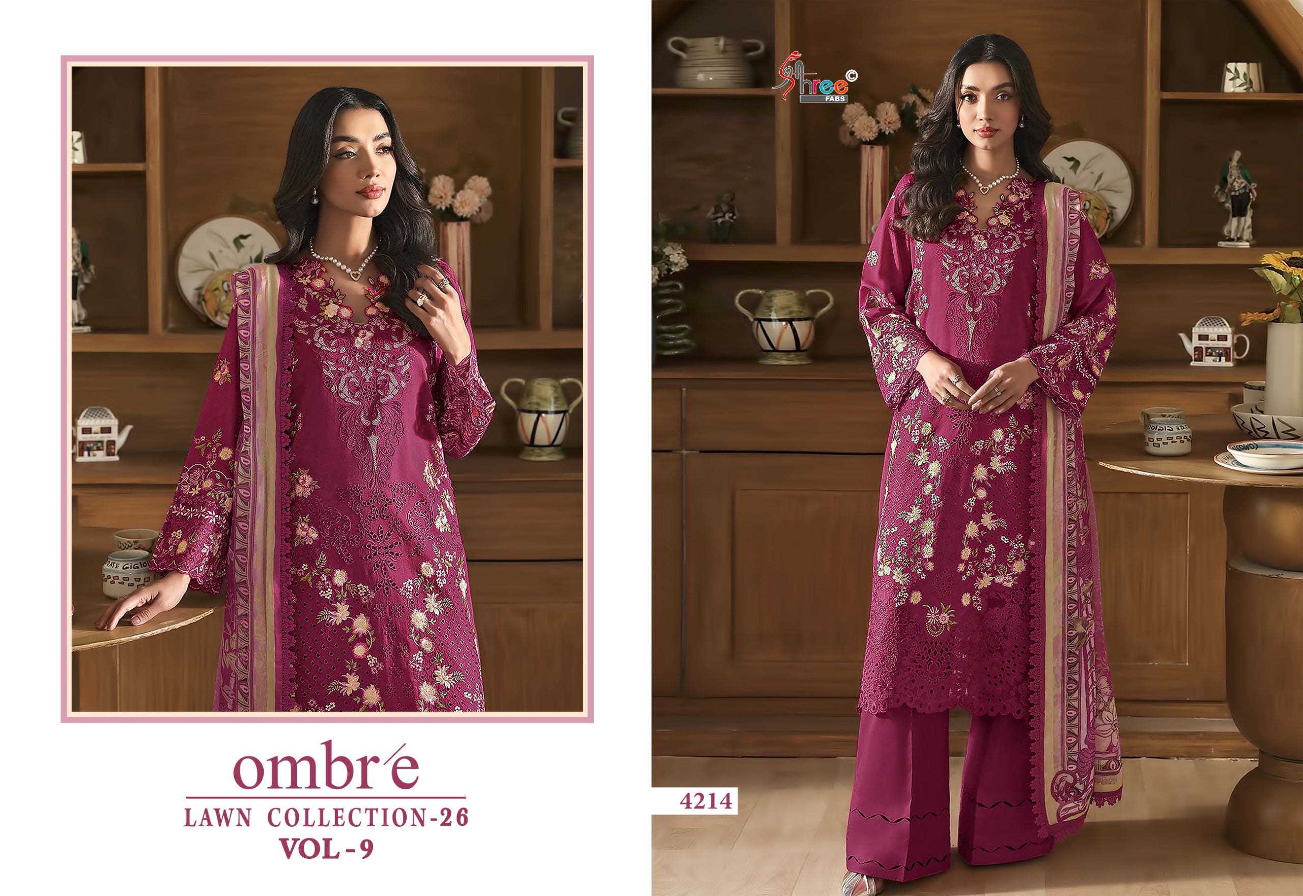 Shree Ombre Lawn Collection 26 Vol 9 Chiffon Dupatta Cotton Embroidered Pakistani Salwar Kameez