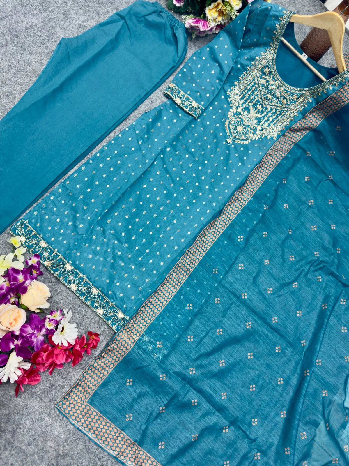 St D No 62 Chanderi Cotton Sequence Kurti With Bottom Dupatta