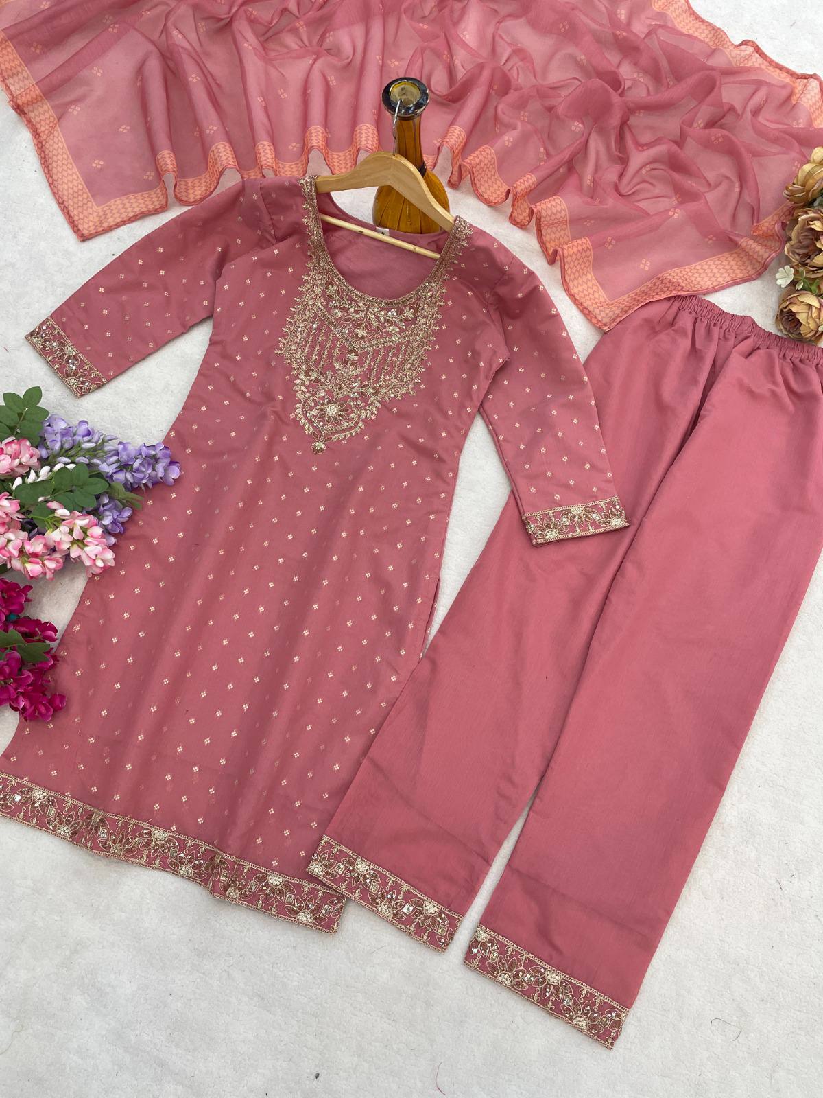 St D No 62 Chanderi Cotton Sequence Kurti With Bottom Dupatta