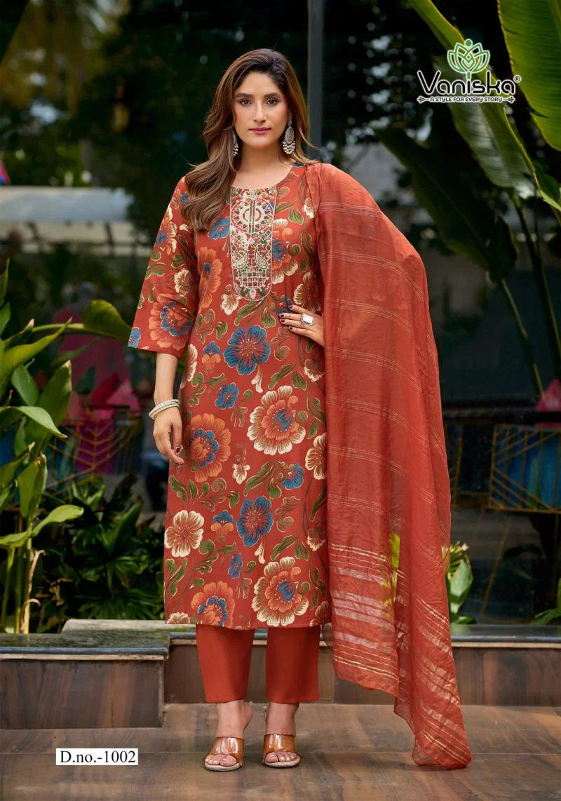 Vaniska Fiona Vertican Discharge Foil Primnted Kurti With Bottom Dupatta