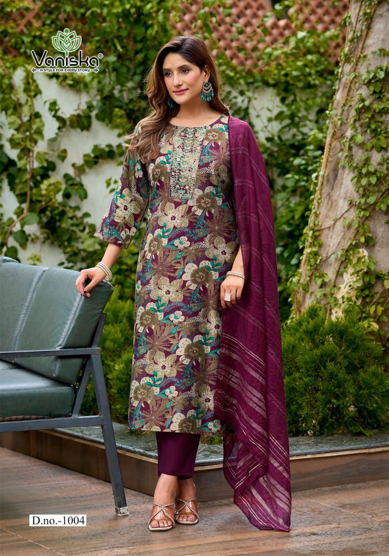 Vaniska Fiona Vertican Discharge Foil Primnted Kurti With Bottom Dupatta