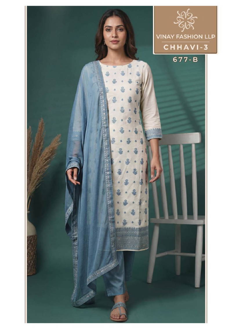 Vinay Kuleesh Chhavi Vol 3 Vis Muslin Handworked Salwar Kameez Collection