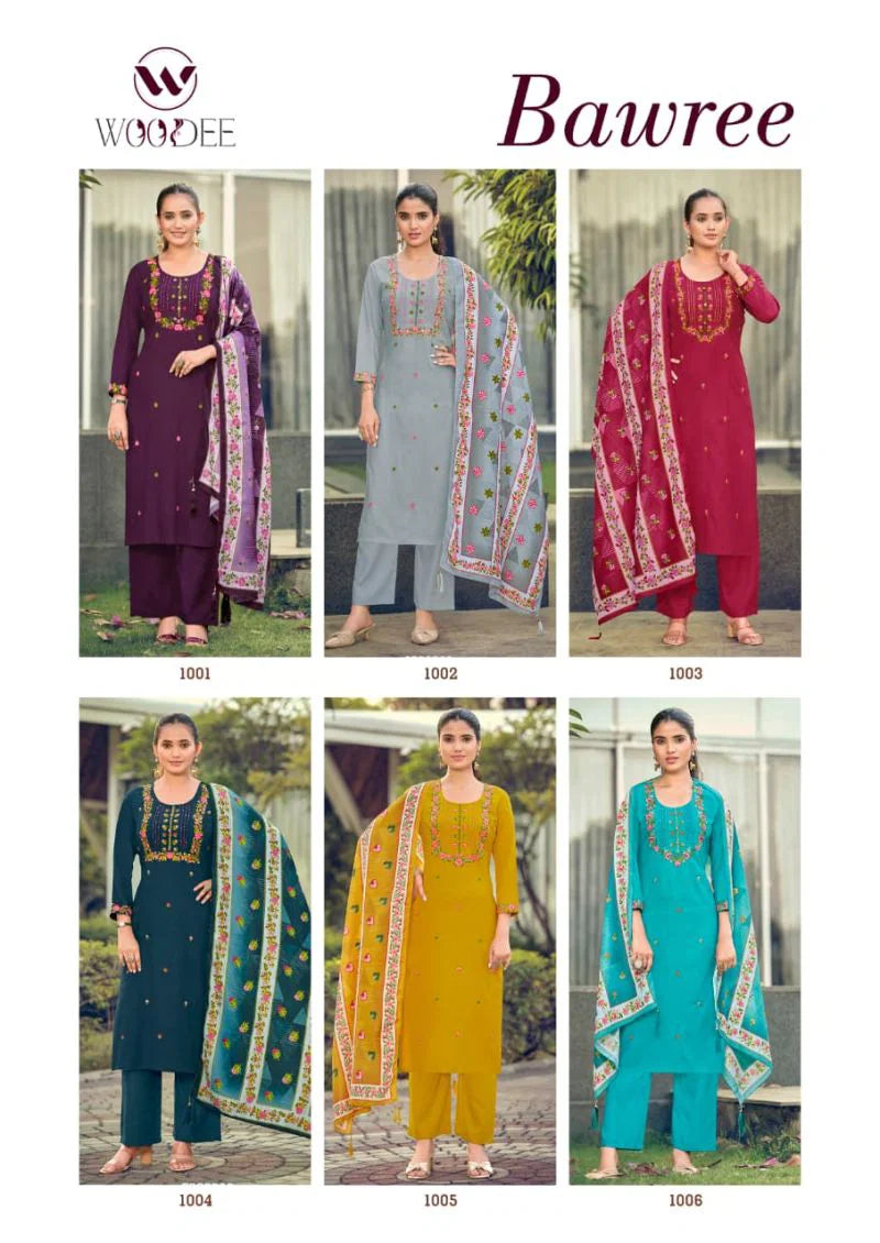 Woodee Bawree Rayon Thread Worked Kurti With Bottom Dupatta