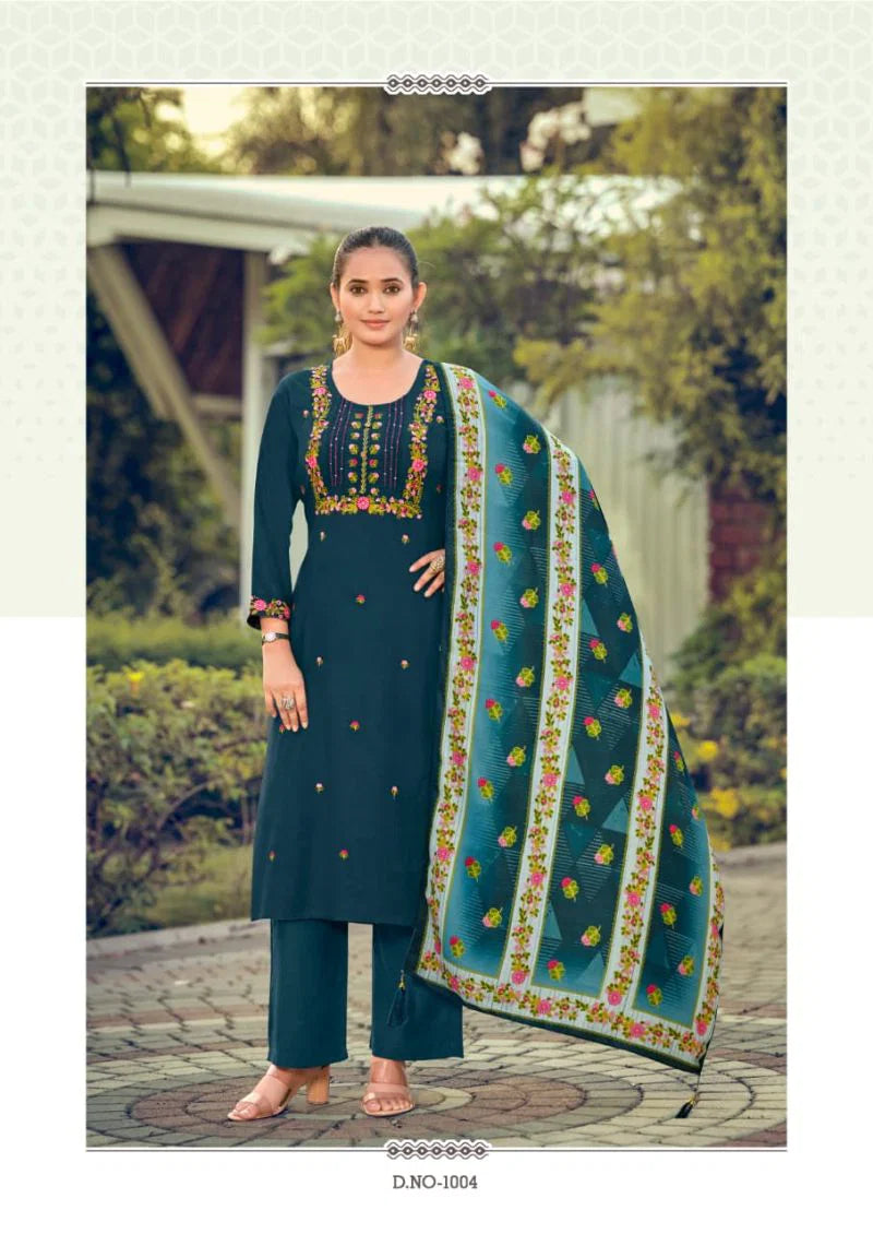 Woodee Bawree Rayon Thread Worked Kurti With Bottom Dupatta