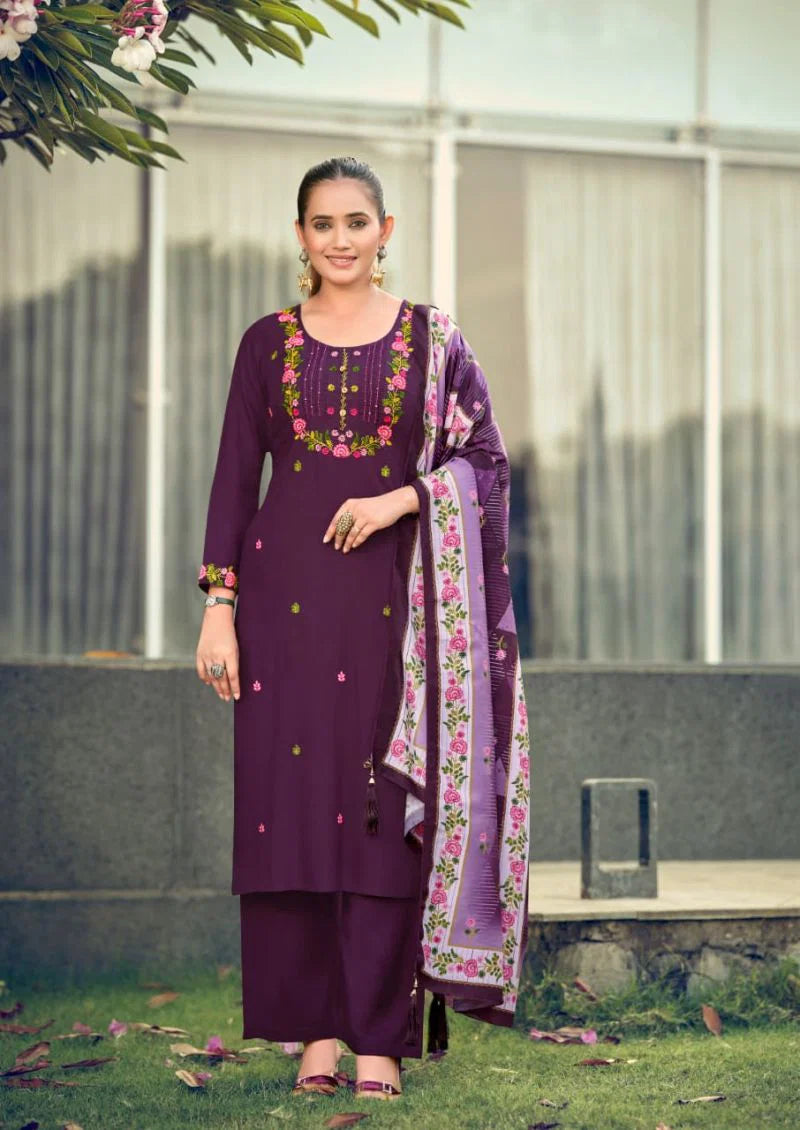 Woodee Bawree Rayon Thread Worked Kurti With Bottom Dupatta