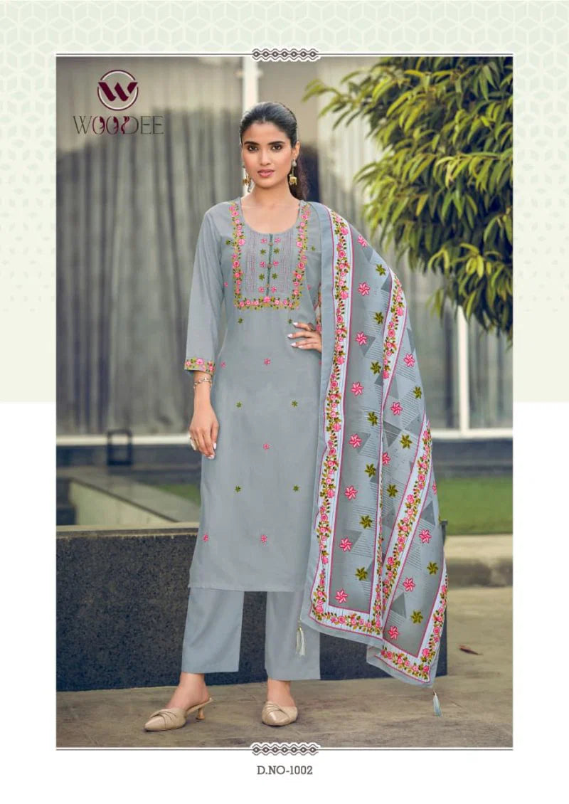 Woodee Bawree Rayon Thread Worked Kurti With Bottom Dupatta