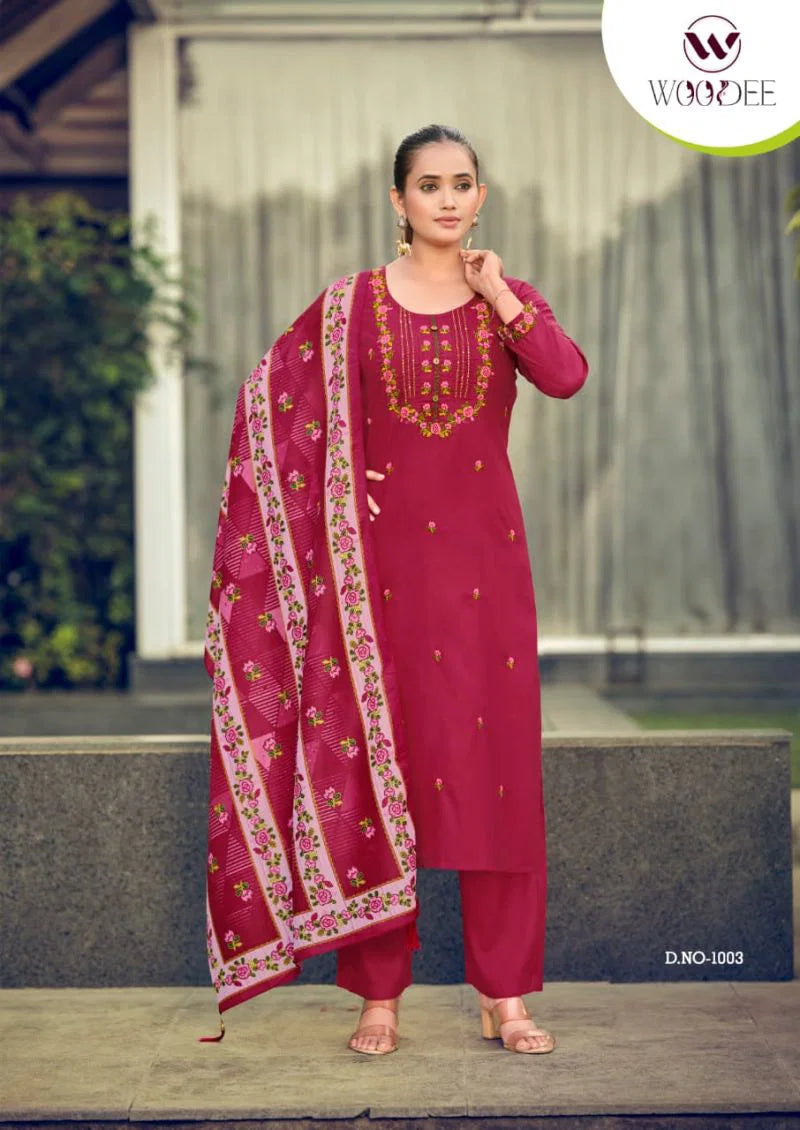 Woodee Bawree Rayon Thread Worked Kurti With Bottom Dupatta