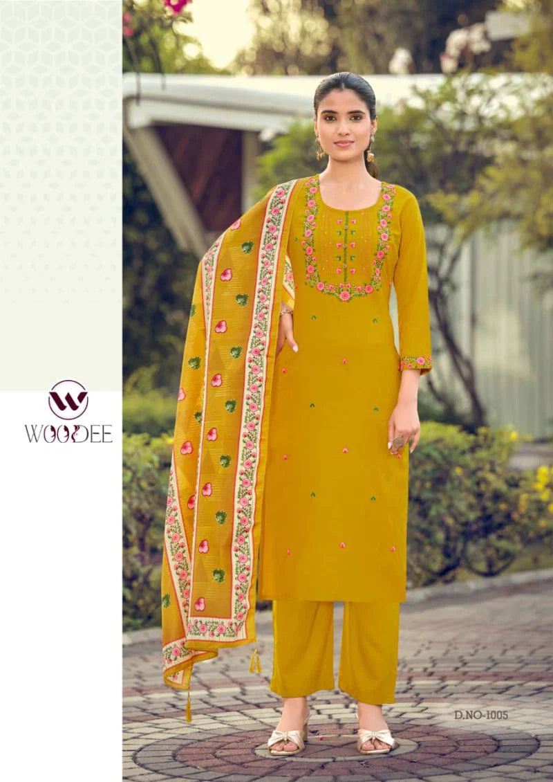 Woodee Bawree Rayon Thread Worked Kurti With Bottom Dupatta