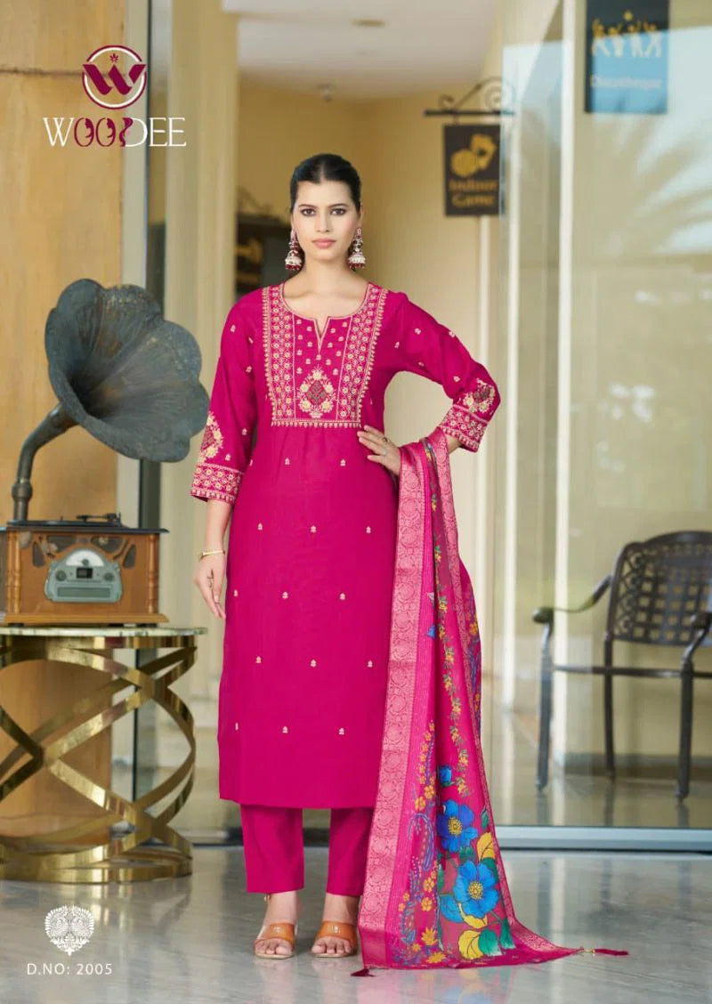 Woodee Diana Vol 2 Viscose Sequence Threadwork Kurti Pant And Dupatta