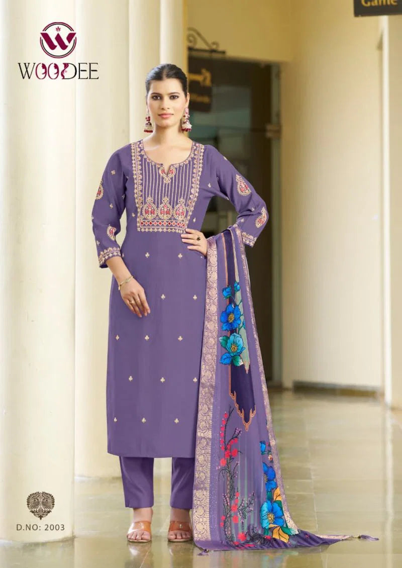 Woodee Diana Vol 2 Viscose Sequence Threadwork Kurti Pant And Dupatta