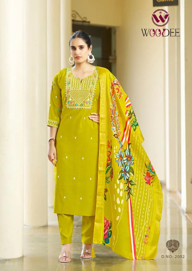 Woodee Diana Vol 2 Viscose Sequence Threadwork Kurti Pant And Dupatta
