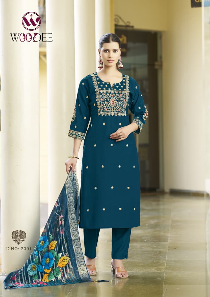 Woodee Diana Vol 2 Viscose Sequence Threadwork Kurti Pant And Dupatta