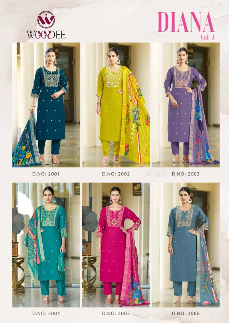 Woodee Diana Vol 2 Viscose Sequence Threadwork Kurti Pant And Dupatta