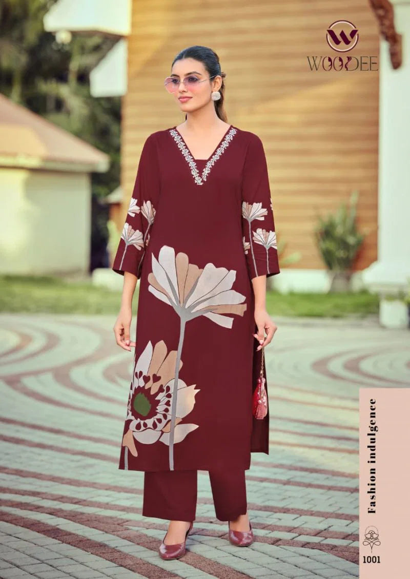 Woodee Harmeen Rayon Thread Worked Kurti With Bottom Collection