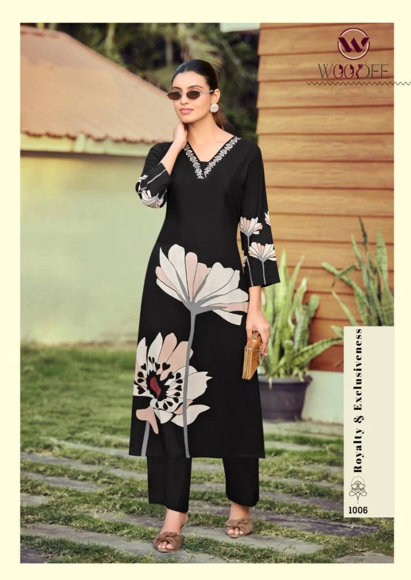 Woodee Harmeen Rayon Thread Worked Kurti With Bottom Collection