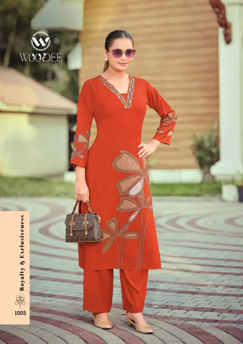 Woodee Harmeen Rayon Thread Worked Kurti With Bottom Collection