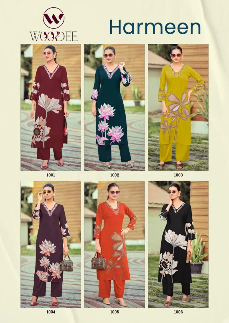 Woodee Harmeen Rayon Thread Worked Kurti With Bottom Collection