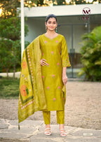 Woodee Himani Viscose Gadhwal Threadwork Top Bottom And Dupatta
