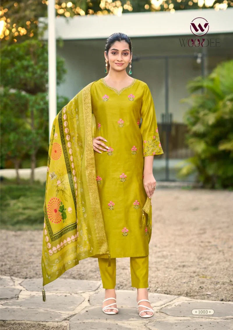 Woodee Himani Viscose Gadhwal Threadwork Top Bottom And Dupatta