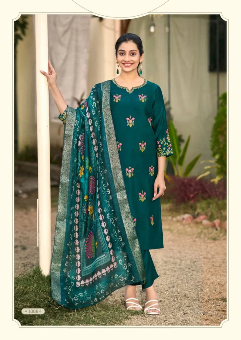 Woodee Himani Viscose Gadhwal Threadwork Top Bottom And Dupatta