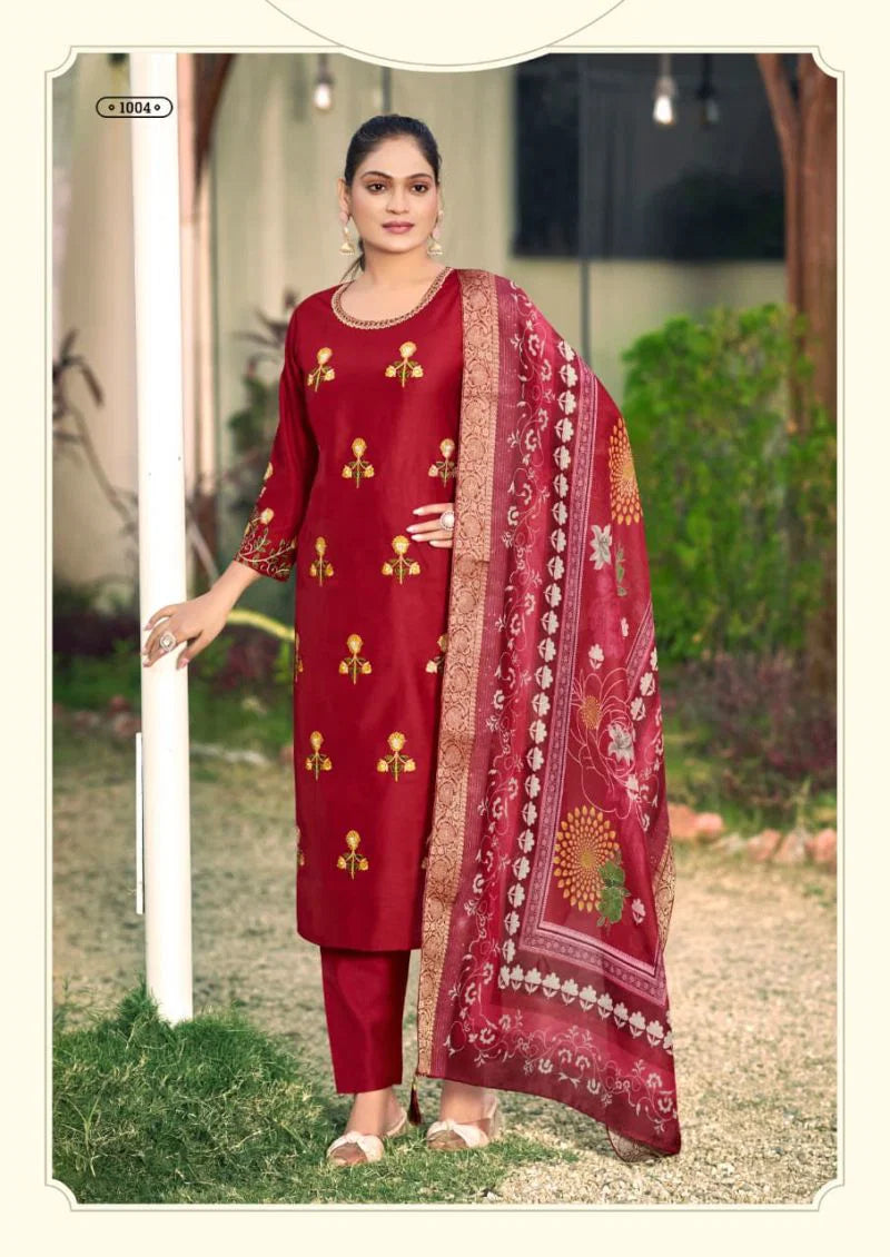 Woodee Himani Viscose Gadhwal Threadwork Top Bottom And Dupatta