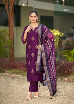 Woodee Himani Viscose Gadhwal Threadwork Top Bottom And Dupatta