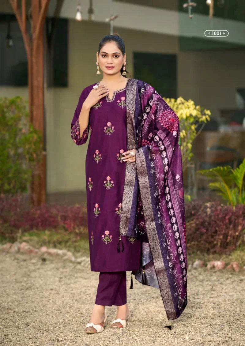 Woodee Himani Viscose Gadhwal Threadwork Top Bottom And Dupatta
