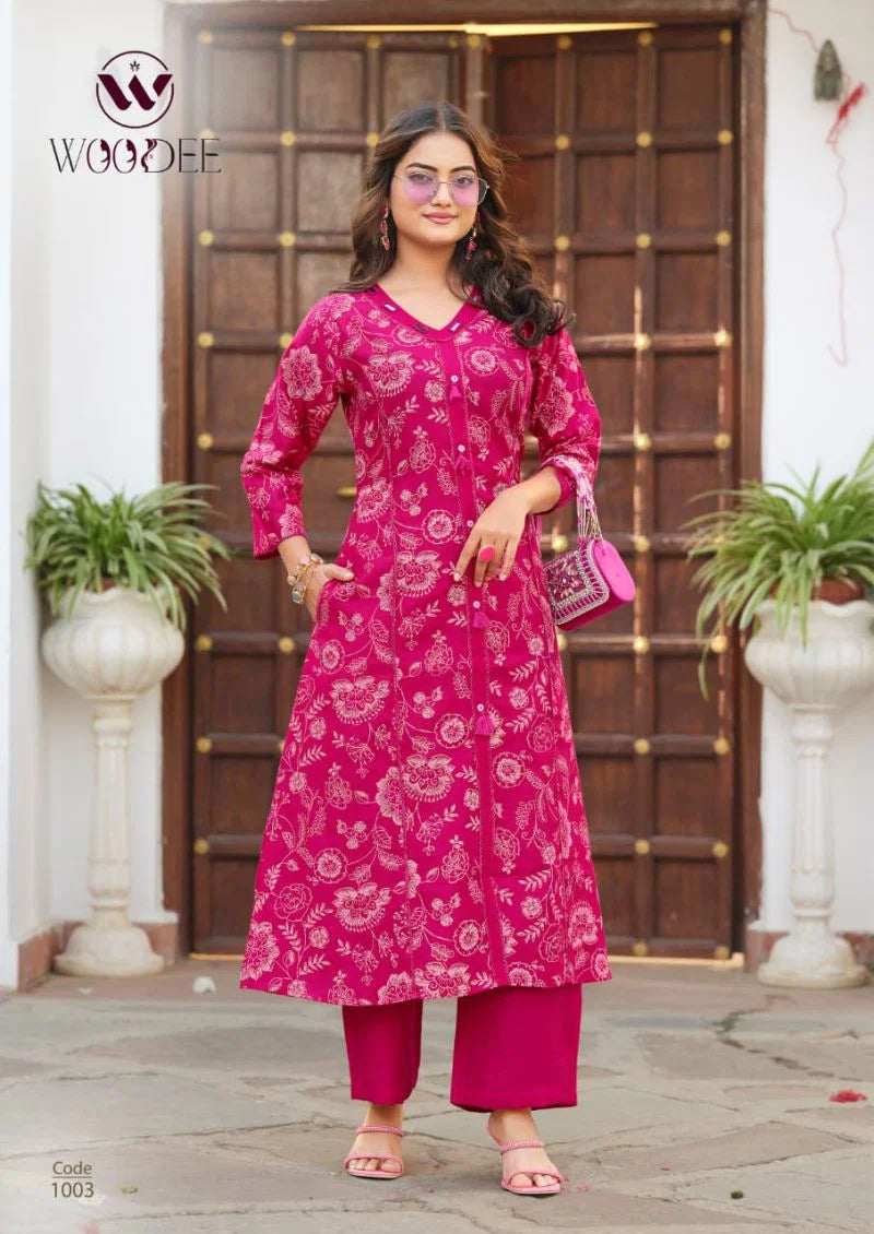 Woodee Mahika Viscose Vertican Printed Kurti With Bottom