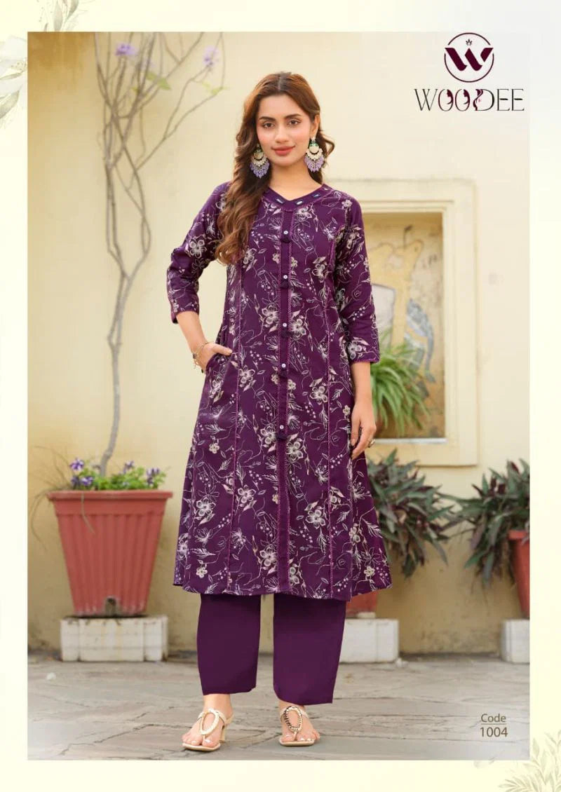 Woodee Mahika Viscose Vertican Printed Kurti With Bottom