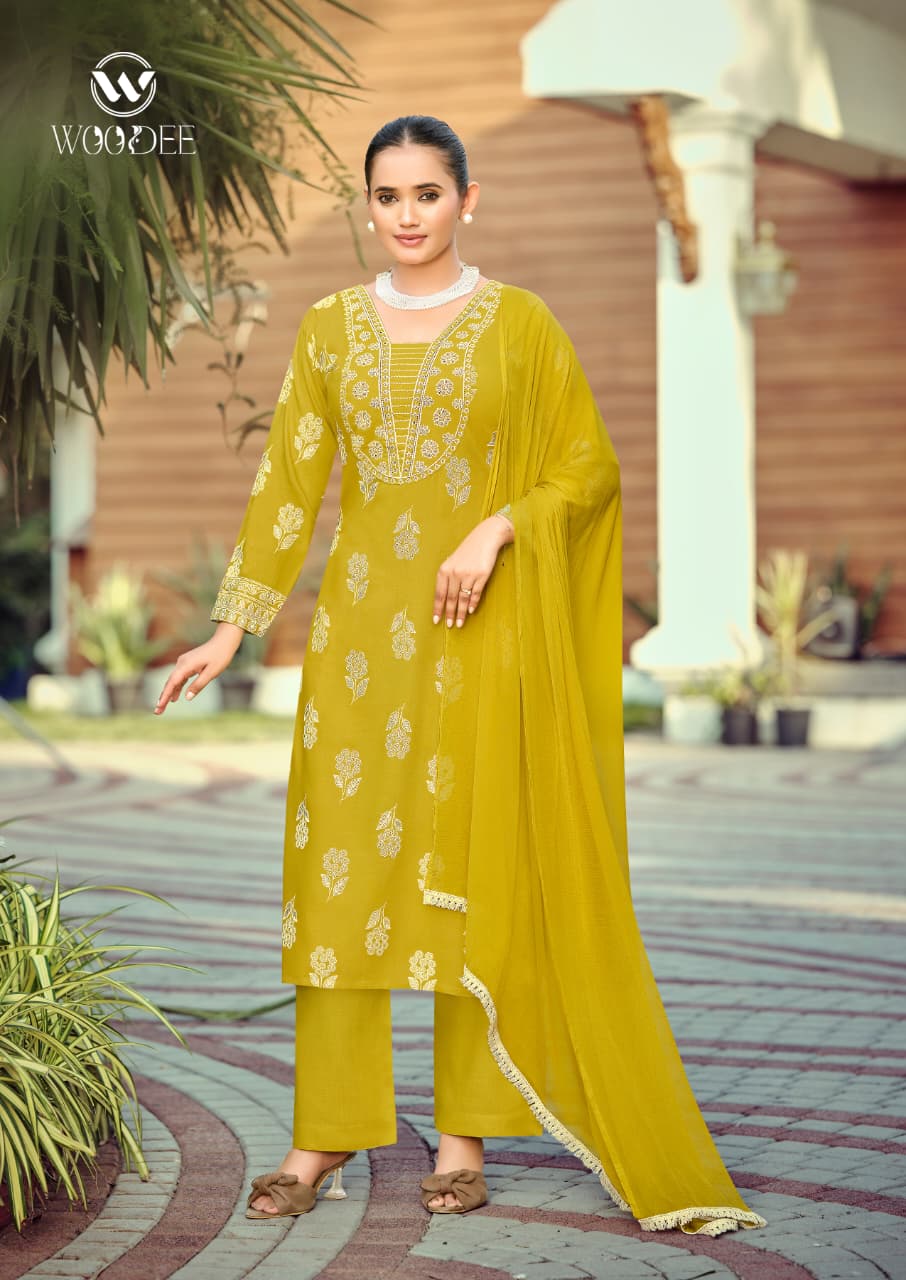 Woodee Nandini Slub Rayon Emboss Print Kurti With Bottom Dupatta