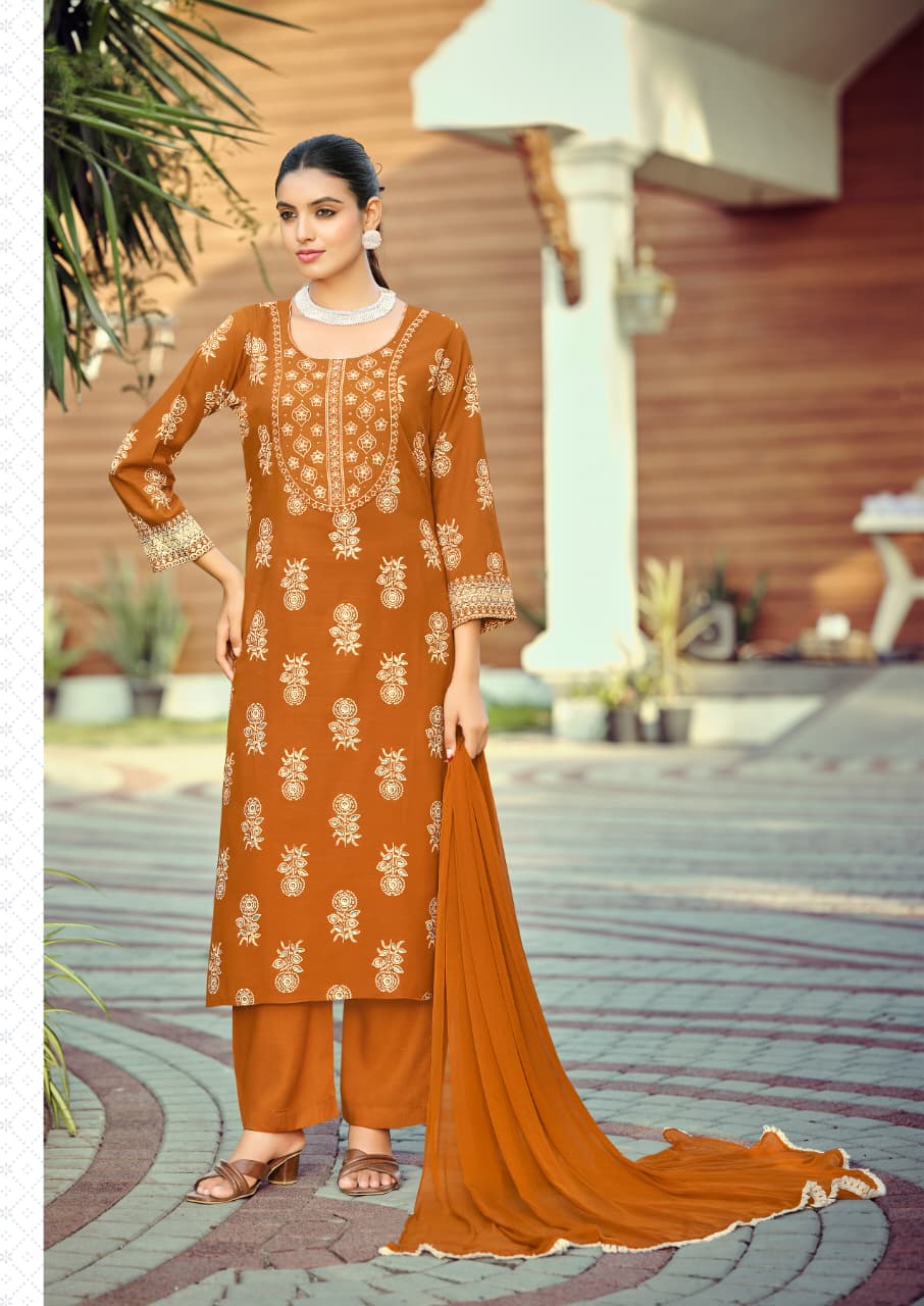 Woodee Nandini Slub Rayon Emboss Print Kurti With Bottom Dupatta