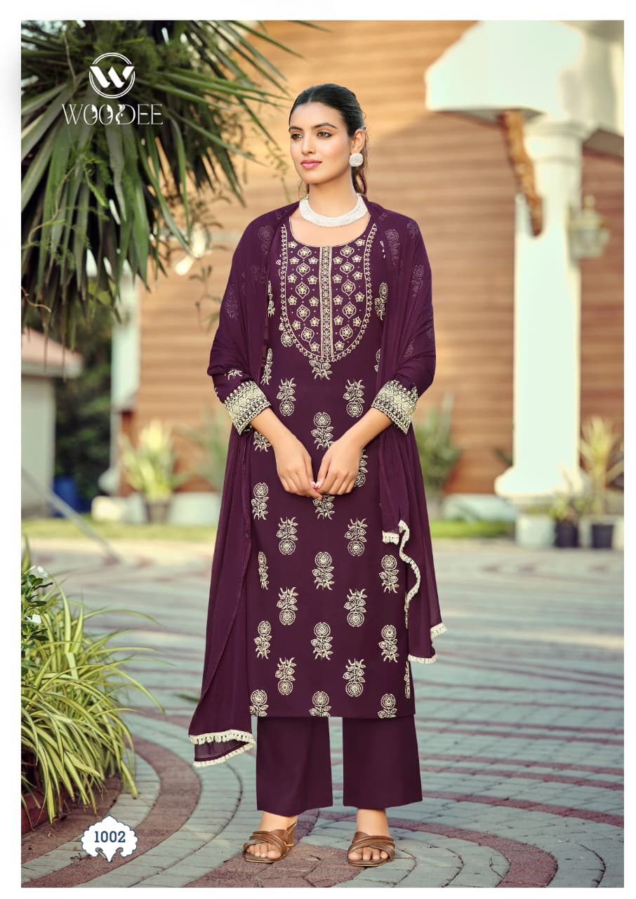 Woodee Nandini Slub Rayon Emboss Print Kurti With Bottom Dupatta