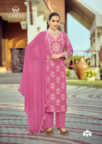 Woodee Nandini Slub Rayon Emboss Print Kurti With Bottom Dupatta