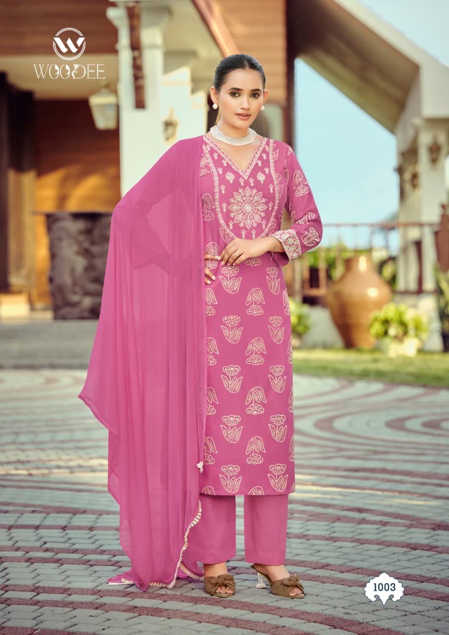 Woodee Nandini Slub Rayon Emboss Print Kurti With Bottom Dupatta