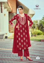 Woodee Nandini Slub Rayon Emboss Print Kurti With Bottom Dupatta
