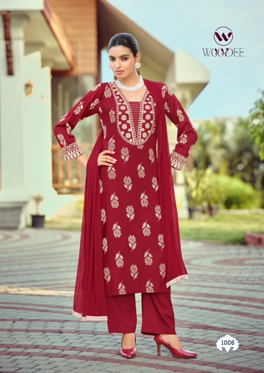 Woodee Nandini Slub Rayon Emboss Print Kurti With Bottom Dupatta