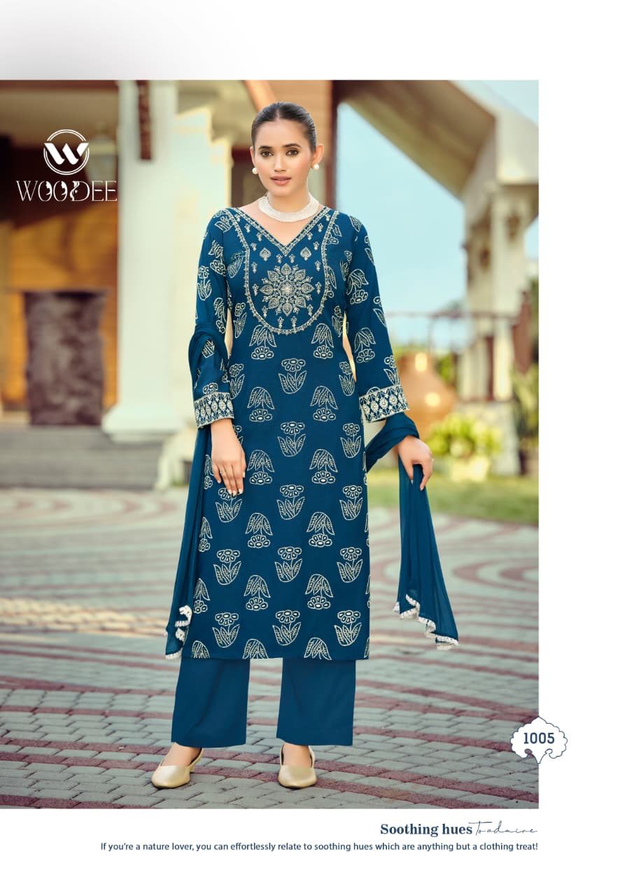 Woodee Nandini Slub Rayon Emboss Print Kurti With Bottom Dupatta